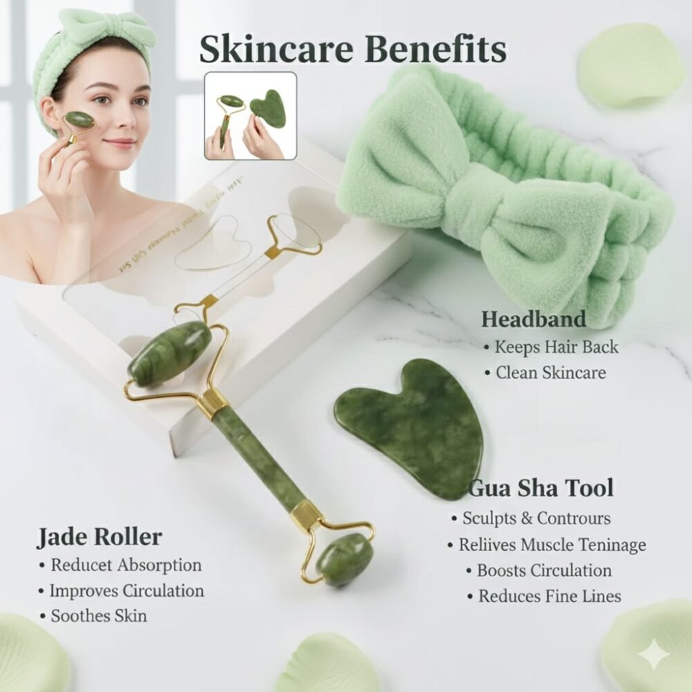 Jade Roller, Gua Sha Set & Headband